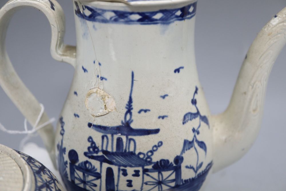 Two English blue and white tea / coffee pots, a Derby type pot pourri and a porcelain caddy